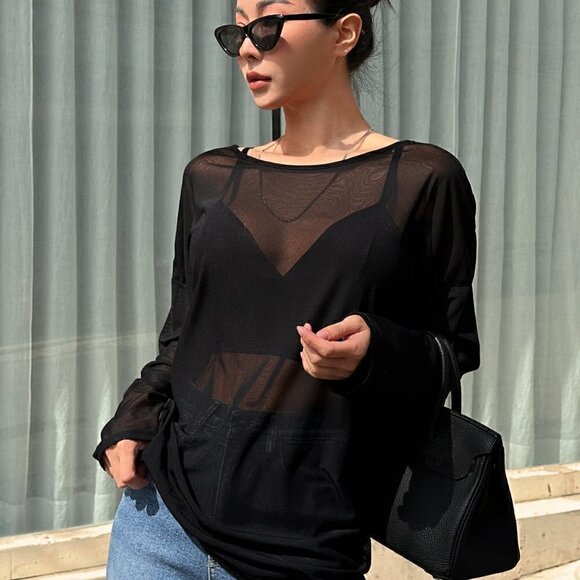 Black Boho Women's Solid Color Loose Fit Long Sleeve Round Neck Lightwei… - Picture 4 of 5